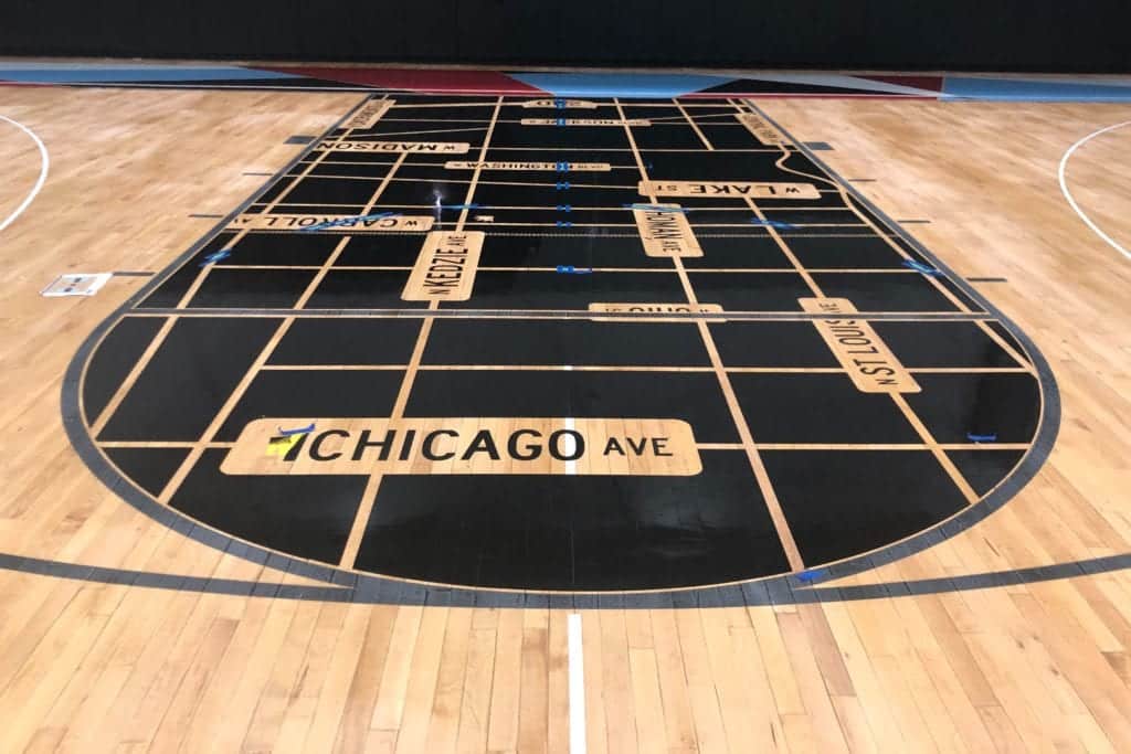 Breakthrough FamilyPlex gym floor key design, depicting streets from the community basketball Show Chi Love